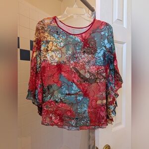 100% Silk Multicolor floral print blouse, dolman sleeve Size L